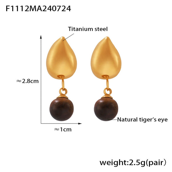 Wholesale Retro Tassel Geometric Natural Tiger Eye Earrings For Women Titanium Steel 18K Gold Plated