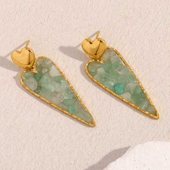 Wholesale Retro Temperament Heart Shape Stainless Steel 18K Gold Plated Women's Earrings With Green Gravel