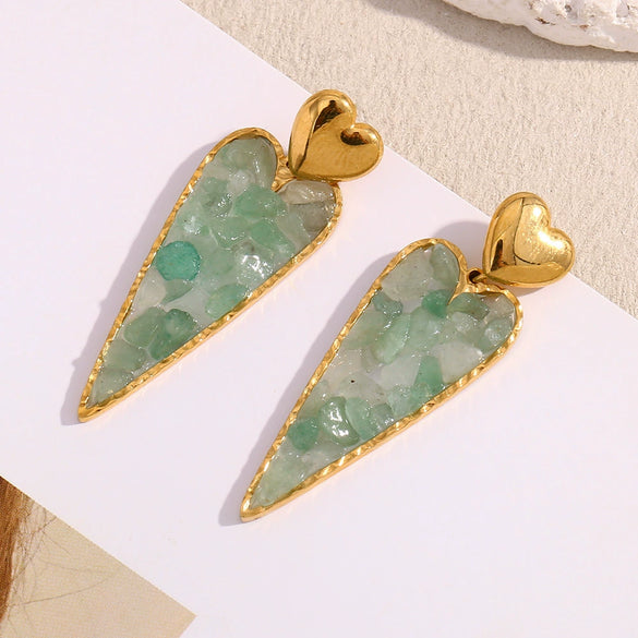 Wholesale Retro Temperament Heart Shape Stainless Steel 18K Gold Plated Women's Earrings With Green Gravel