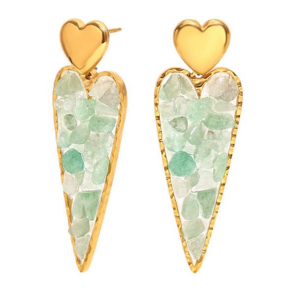 Wholesale Retro Temperament Heart Shape Stainless Steel 18K Gold Plated Women's Earrings With Green Gravel