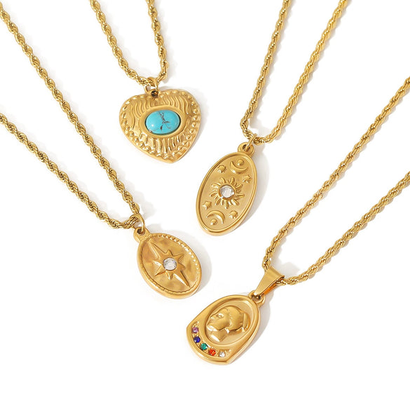 Wholesale Retro Twist Chain Star Moon Pendant Stainless Steel Necklace With Electroplating