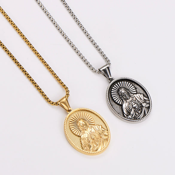 Wholesale Retro Unique Geometric Powder Cast Jesus Sacred Heart Pendant Necklace