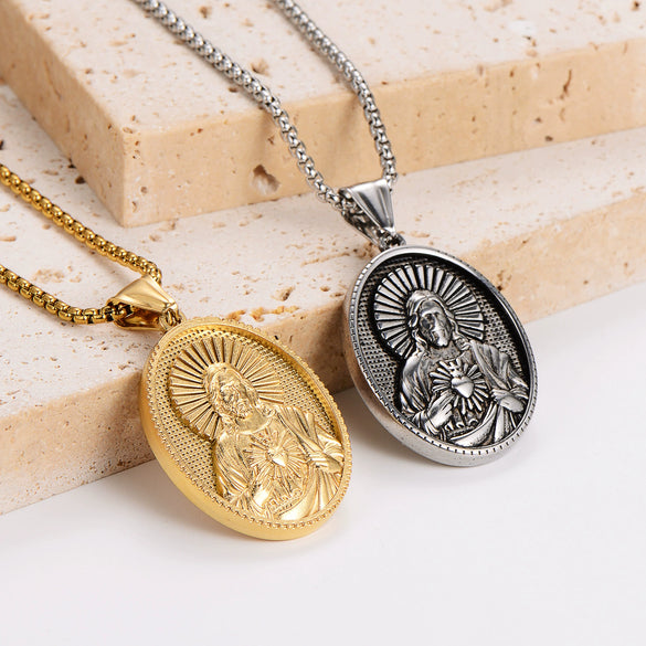 Wholesale Retro Unique Geometric Powder Cast Jesus Sacred Heart Pendant Necklace