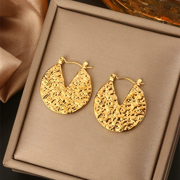 Wholesale Retro Women's Round Notch Exaggerated Stainless Steel Earrings With Concaveconvex Water Ripple Heart Shape And Geometric Patterns Stamping Process