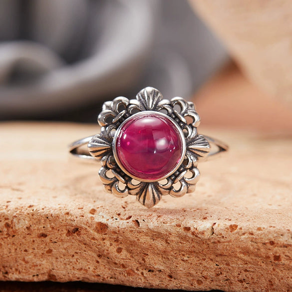 Wholesale Retro Women's S925 Sterling Silver Ring With Cut Out Flower Pattern Inlaid With Natural Jasper Topaz Gemstone