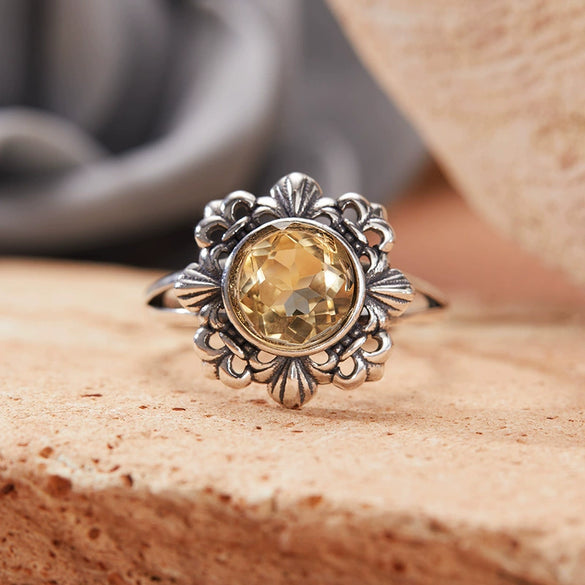 Wholesale Retro Women's S925 Sterling Silver Ring With Cut Out Flower Pattern Inlaid With Natural Jasper Topaz Gemstone