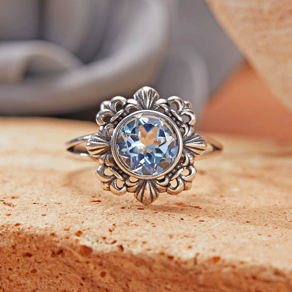 Wholesale Retro Women's S925 Sterling Silver Ring With Cut Out Flower Pattern Inlaid With Natural Jasper Topaz Gemstone