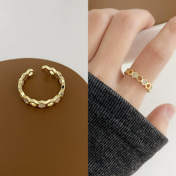 Wholesale Retro Zircon Metal Open Ring For Women Geometric Pattern Copper Electroplated