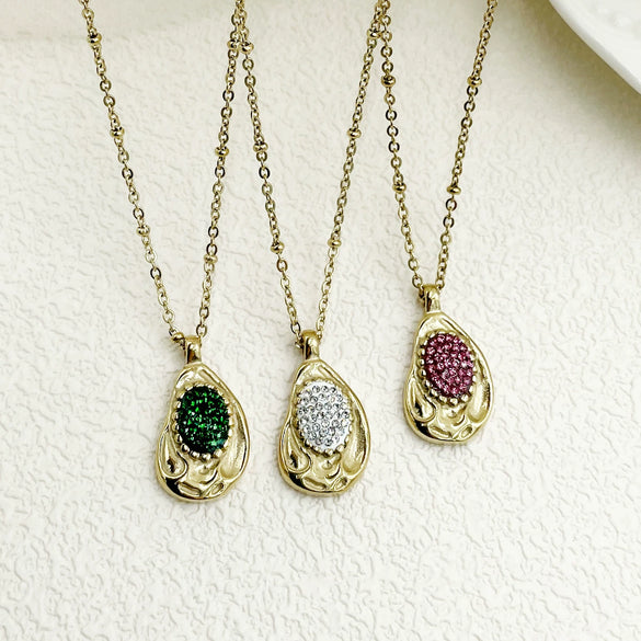 Wholesale Rhinestone Pendant Necklace French Retro Geometric Stainless Steel 18K Goldplated Clavicle Chain For Women