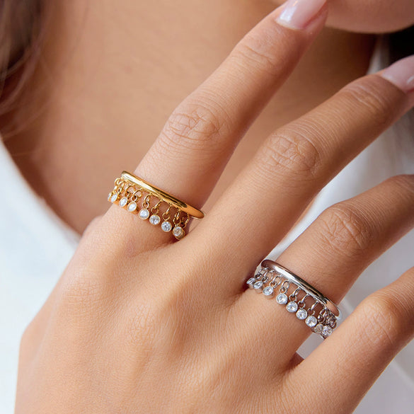 Wholesale Rhinestone Tassel Ring In Geometric Shape Stainless Steel Electroplated Nonfading Light Luxury Jewelry For Women