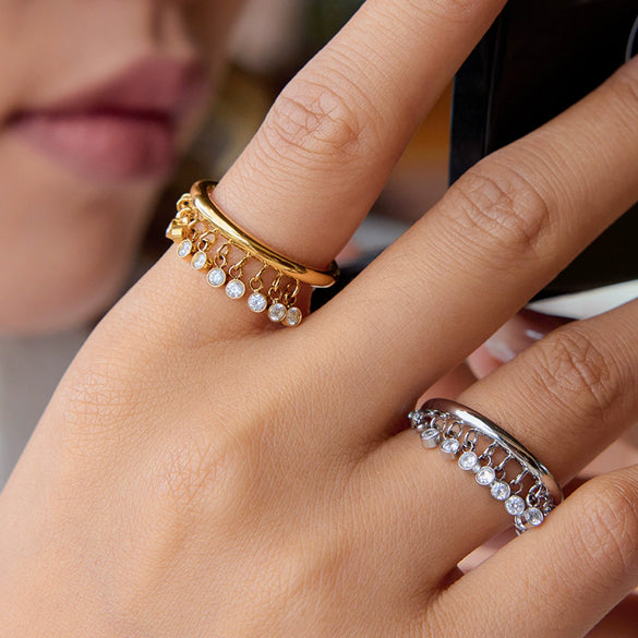 Wholesale Rhinestone Tassel Ring In Geometric Shape Stainless Steel Electroplated Nonfading Light Luxury Jewelry For Women