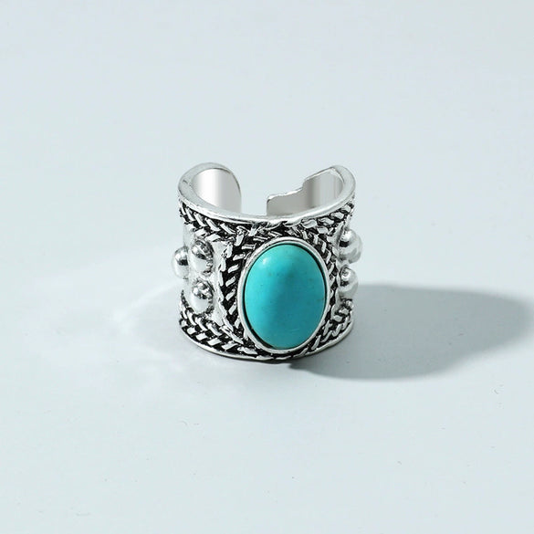 Wholesale Ring Alloy Geometric Blue Turquoise Inlaid Retro Elegant Versatile Creative Exaggerated Joint Open