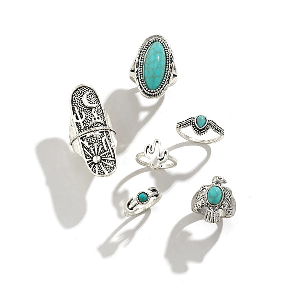 Wholesale Ring Alloy Retro Distressed Totem Turquoise Geometric Animals Zodiac Electroplated