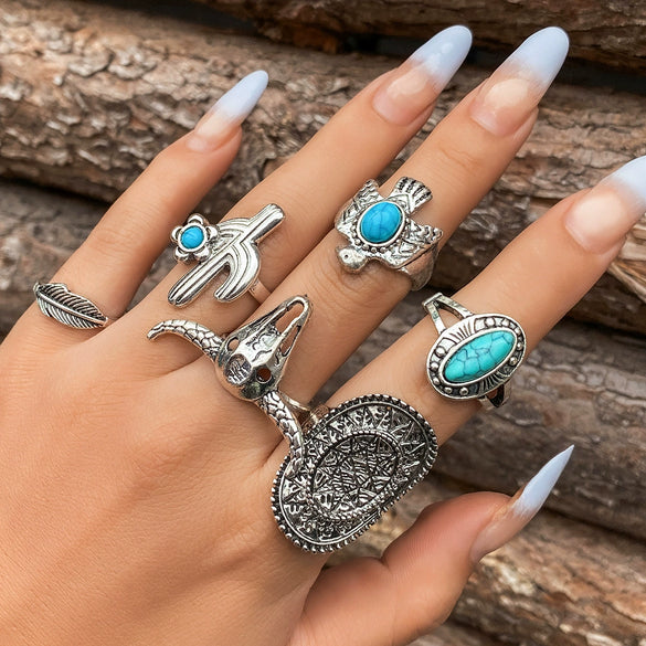 Wholesale Ring Alloy Retro Distressed Totem Turquoise Geometric Animals Zodiac Electroplated