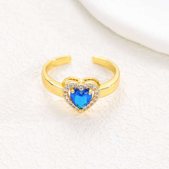 Wholesale Ring Brass Goldplated Heart Shape Imitation Sapphire Diamond Electroplated Fashion Simple Cute Women's