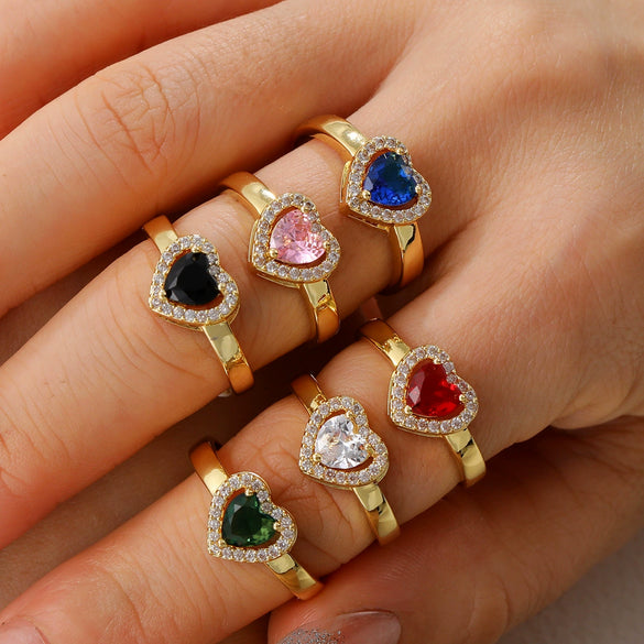 Wholesale Ring Brass Goldplated Heart Shape Imitation Sapphire Diamond Electroplated Fashion Simple Cute Women's
