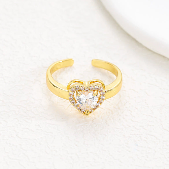 Wholesale Ring Brass Goldplated Heart Shape Imitation Sapphire Diamond Electroplated Fashion Simple Cute Women's