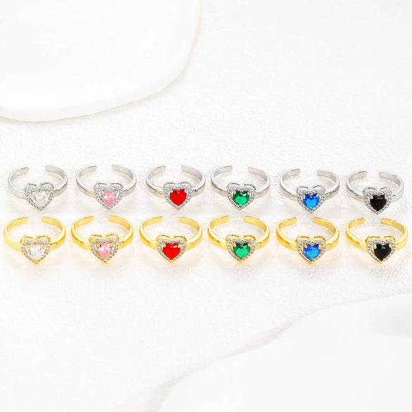 Wholesale Ring Brass Goldplated Heart Shape Imitation Sapphire Diamond Electroplated Fashion Simple Cute Women's