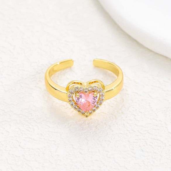 Wholesale Ring Brass Goldplated Heart Shape Imitation Sapphire Diamond Electroplated Fashion Simple Cute Women's