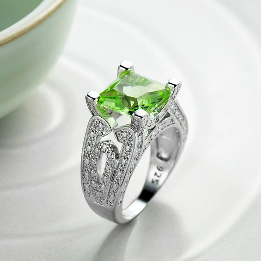 Wholesale Ring Copper Apple Green Zircon Jewelry Carved Geometric Flowers Electroplated Unisex