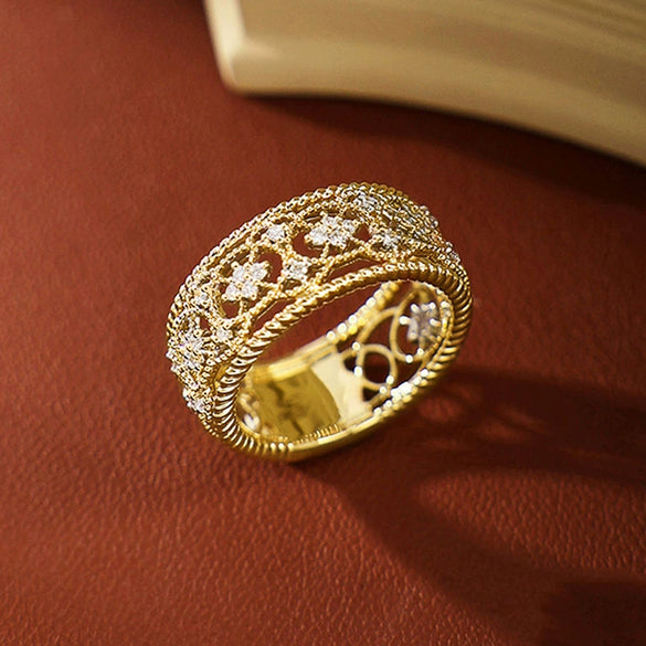 Wholesale Ring Copper Geometric Carved Hollow Retro Style Zircon