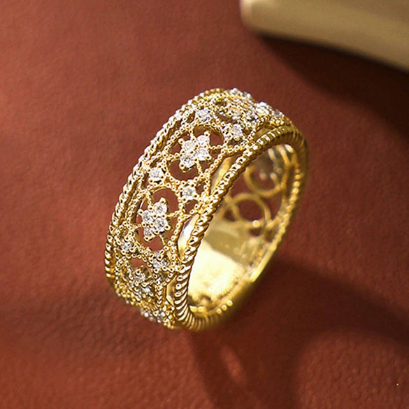 Wholesale Ring Copper Geometric Carved Hollow Retro Style Zircon