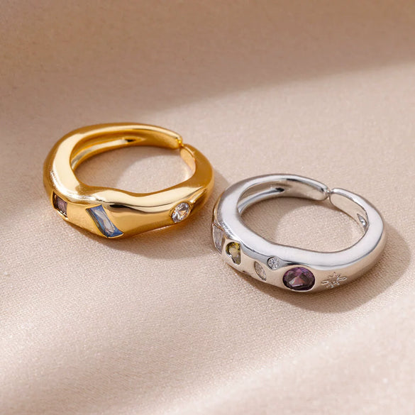 Wholesale Ring Copper Geometric Electroplating Colorful Zircon Square Open Unisex Women's