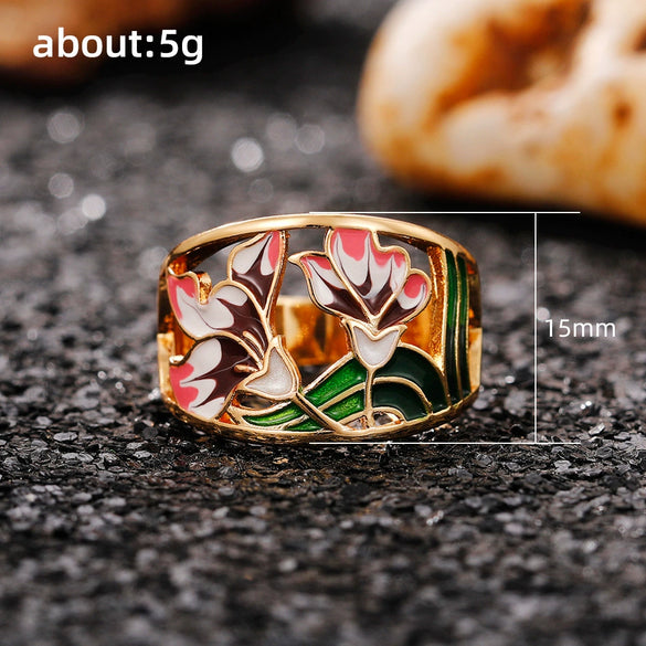 Wholesale Ring Copper Goldplated Oil Dripping Flowers Pattern Light Luxury Style For Women