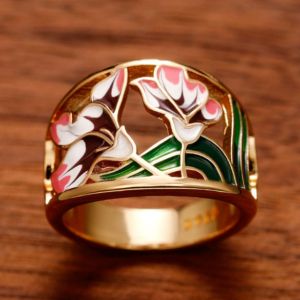 Wholesale Ring Copper Goldplated Oil Dripping Flowers Pattern Light Luxury Style For Women