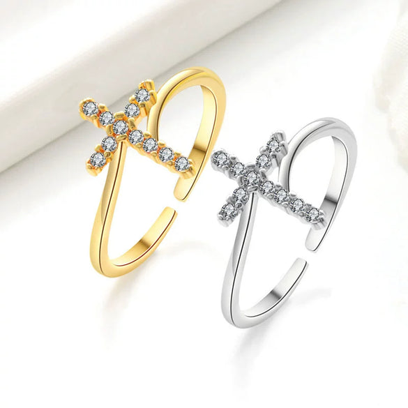 Wholesale Ring Copper 18K Gold Electroplated Microinlaid Zircon Geometric Cross Female Jewelry