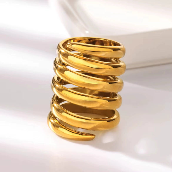 Wholesale Ring Copper 18K Gold Plated Geometric Wave Multi Layer Irregular Spiral Style