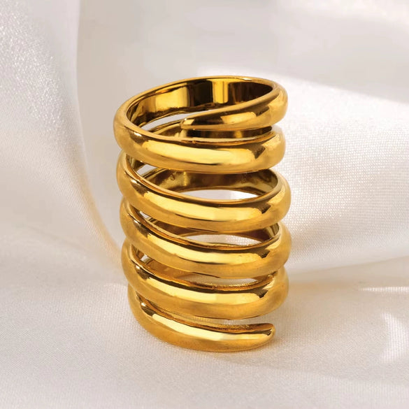 Wholesale Ring Copper 18K Gold Plated Geometric Wave Multi Layer Irregular Spiral Style
