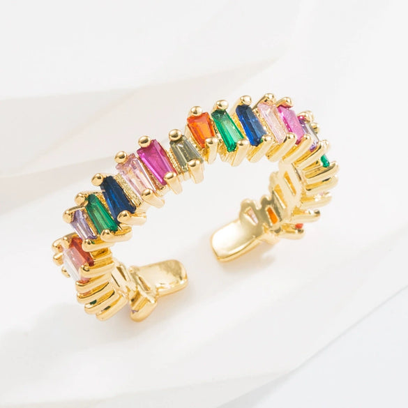 Wholesale Ring Copper Plated Real Gold Inlaid With Colored Zircon Geometric Style Unisex Opening Adjustable