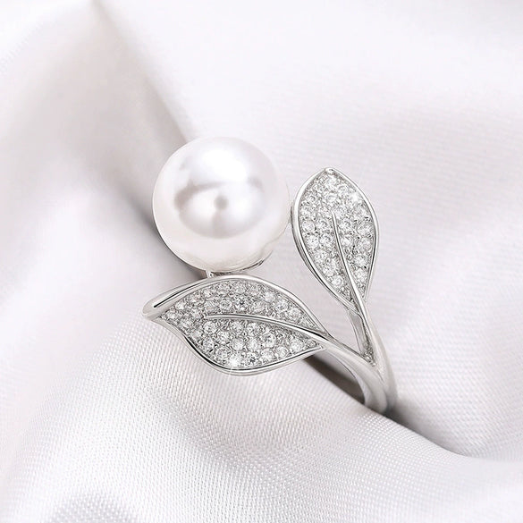 Wholesale Ring Copper Princess Style Geometric Leaf Imitation Pearl Electroplating Design Women's