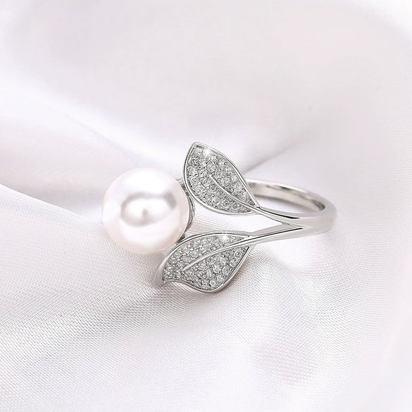 Wholesale Ring Copper Princess Style Geometric Leaf Imitation Pearl Electroplating Design Women's