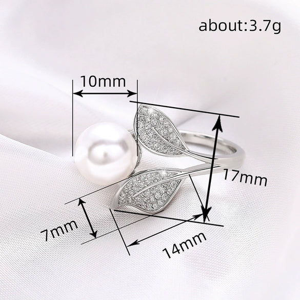 Wholesale Ring Copper Princess Style Geometric Leaf Imitation Pearl Electroplating Design Women's