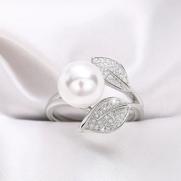 Wholesale Ring Copper Princess Style Geometric Leaf Imitation Pearl Electroplating Design Women's