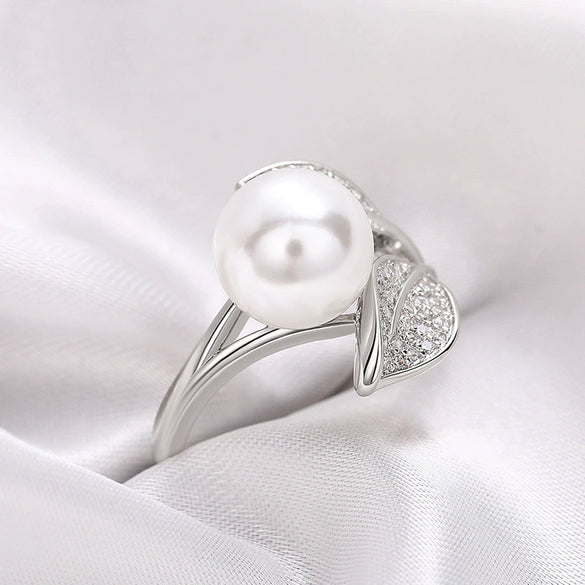 Wholesale Ring Copper Princess Style Geometric Leaf Imitation Pearl Electroplating Design Women's