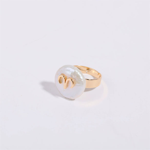 Wholesale Ring Copper Set With Pearls Geometric Twelve Constellations Asymmetrical Niche Design Women's