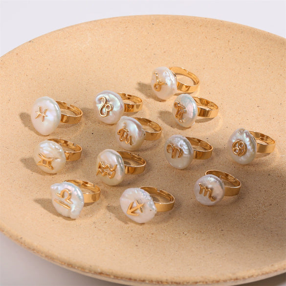 Wholesale Ring Copper Set With Pearls Geometric Twelve Constellations Asymmetrical Niche Design Women's