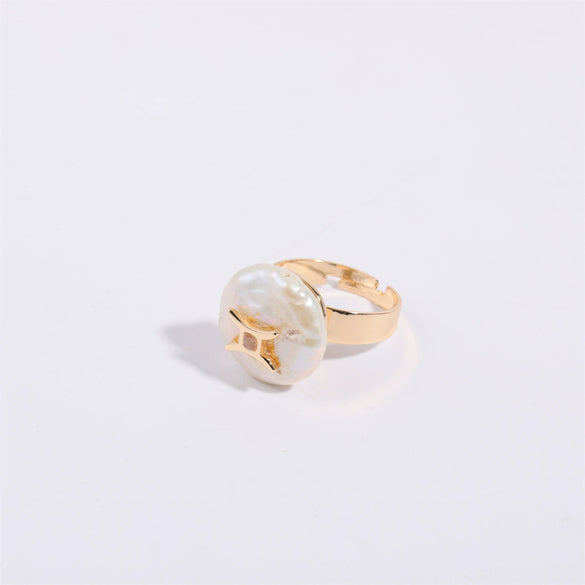 Wholesale Ring Copper Set With Pearls Geometric Twelve Constellations Asymmetrical Niche Design Women's