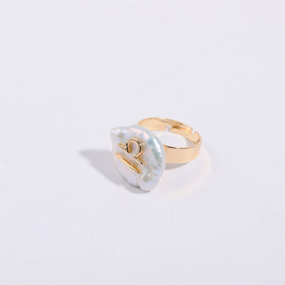Wholesale Ring Copper Set With Pearls Geometric Twelve Constellations Asymmetrical Niche Design Women's