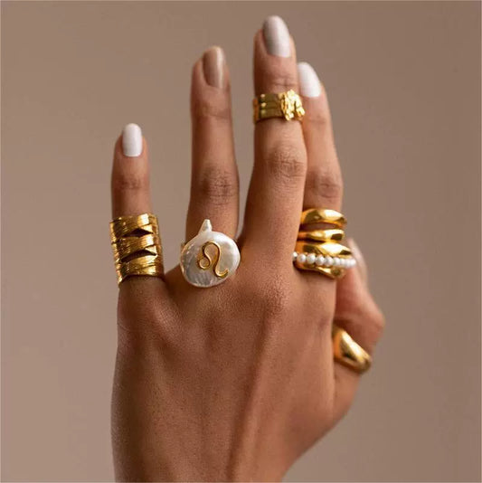 Wholesale Ring Copper Set With Pearls Geometric Twelve Constellations Asymmetrical Niche Design Women's