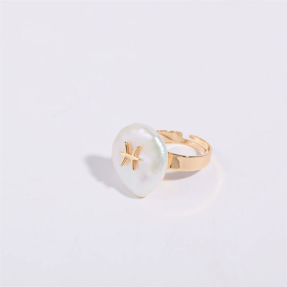 Wholesale Ring Copper Set With Pearls Geometric Twelve Constellations Asymmetrical Niche Design Women's