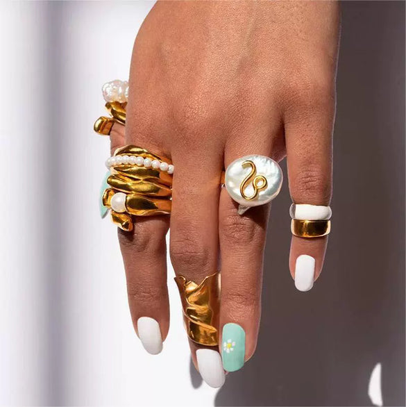 Wholesale Ring Copper Set With Pearls Geometric Twelve Constellations Asymmetrical Niche Design Women's