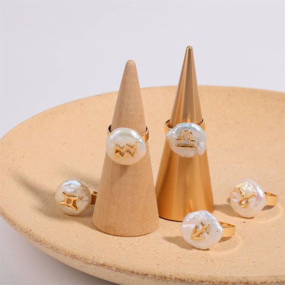 Wholesale Ring Copper Set With Pearls Geometric Twelve Constellations Asymmetrical Niche Design Women's