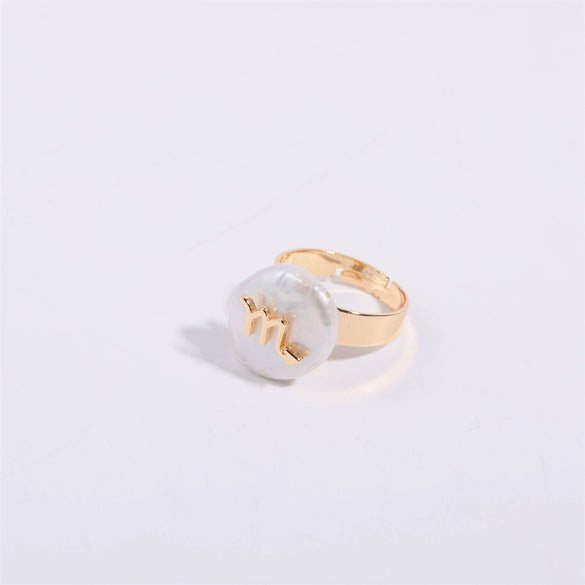 Wholesale Ring Copper Set With Pearls Geometric Twelve Constellations Asymmetrical Niche Design Women's