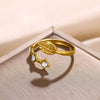Wholesale Ring Copper Stainless Steel Titanium Steel Imitation Pearl Zircon Leaves Open Electroplating For Women