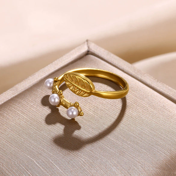 Wholesale Ring Copper Stainless Steel Titanium Steel Imitation Pearl Zircon Leaves Open Electroplating For Women