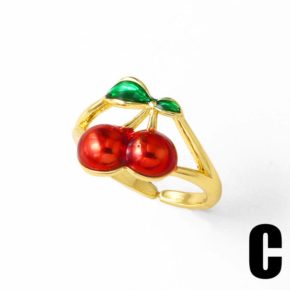 Wholesale Ring Fruit Cherry Love Open Style Copper Electroplated Heart Shape